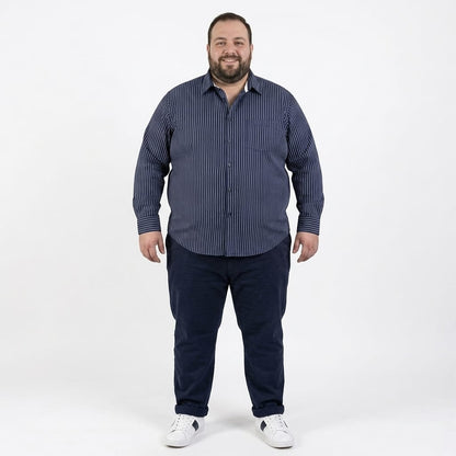 Camisa talla extra azul marino a rayas blancas