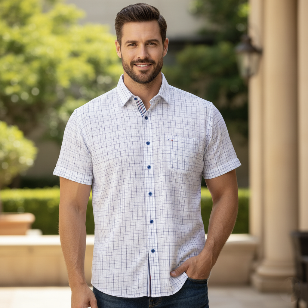 Camisa manga larga de chazarilla blanca con azul cuadros