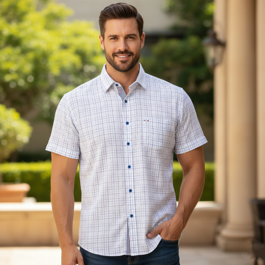 Camisa manga larga de chazarilla blanca con azul cuadros