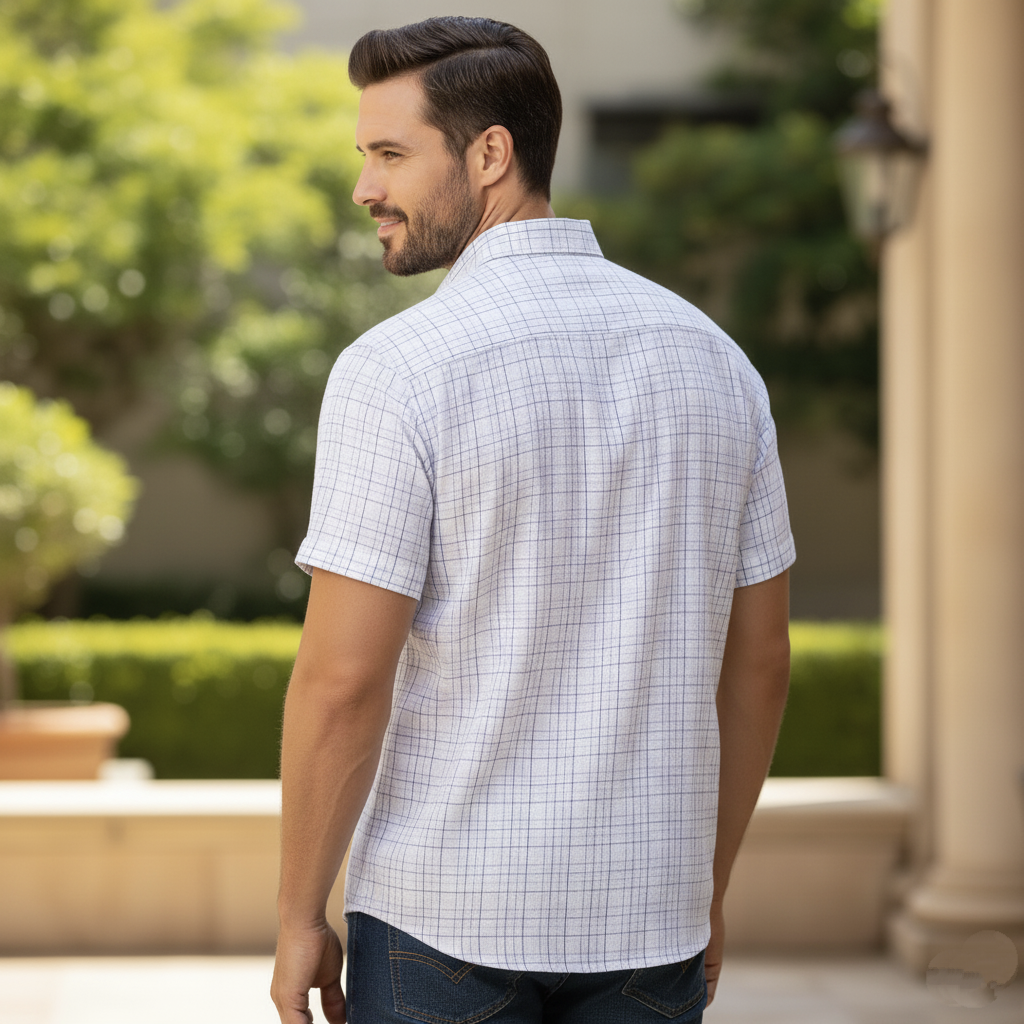 Camisa manga larga de chazarilla blanca con azul cuadros
