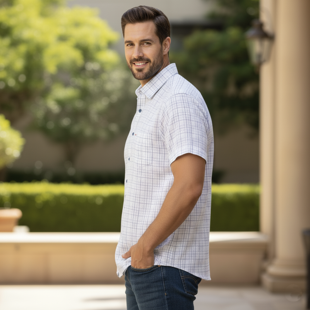 Camisa manga larga de chazarilla blanca con azul cuadros