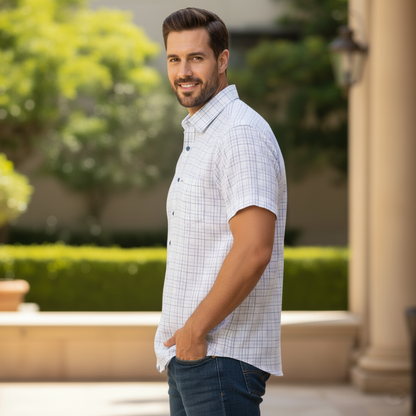 Camisa manga larga de chazarilla blanca con azul cuadros