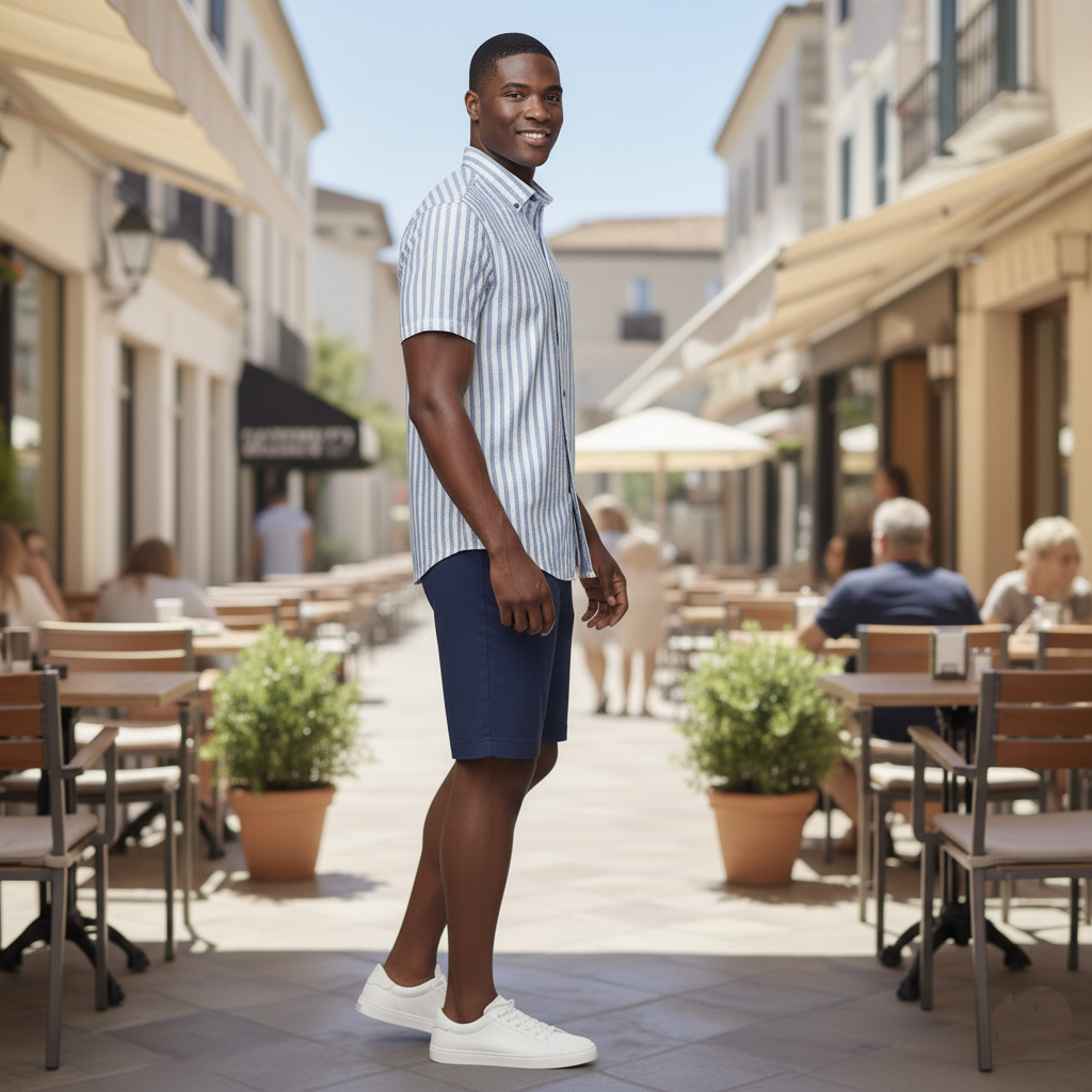 Camisa de chazarilla manga corta azul y blanco con botón down