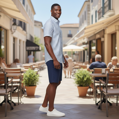 Camisa de chazarilla manga corta azul y blanco con botón down