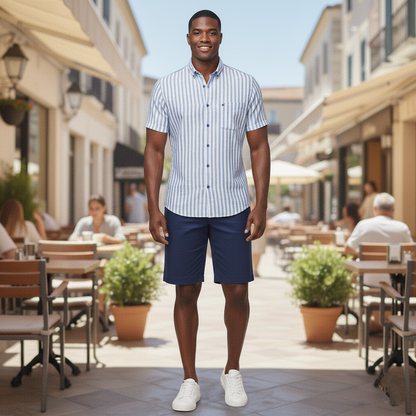 Camisa de chazarilla manga corta azul y blanco con botón down