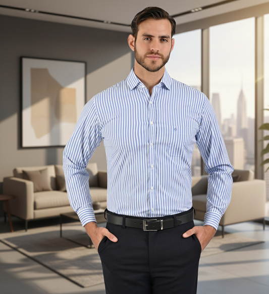 Camisa manga larga rayada azul.