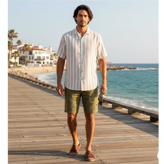 Camisa Manga corta con doble raya beige