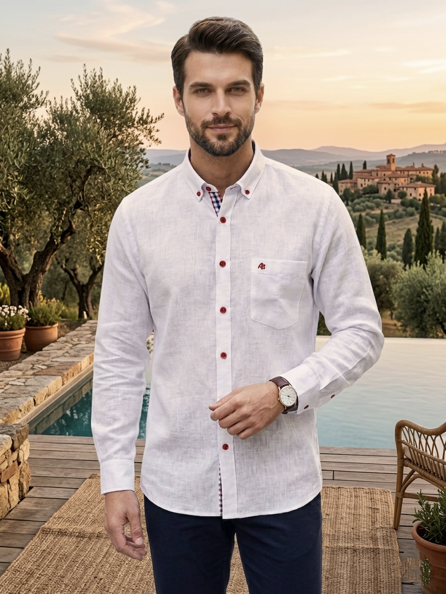 Camisa tipo lino blanca bottom down botón rojo