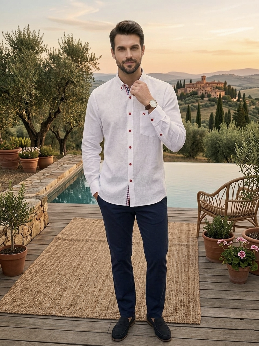 Camisa tipo lino blanca bottom down botón rojo