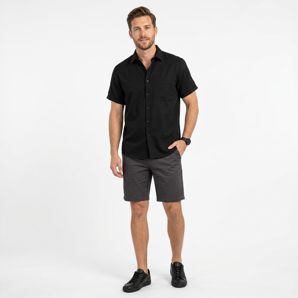 Camisa Manga corta Black Dobby – Textura Premium en Relieve