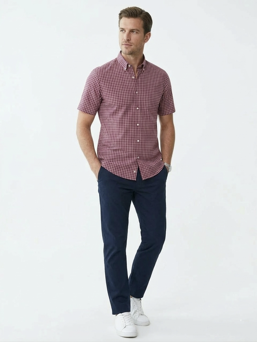 Camisa Manga corta a cuadros rojo bottom down