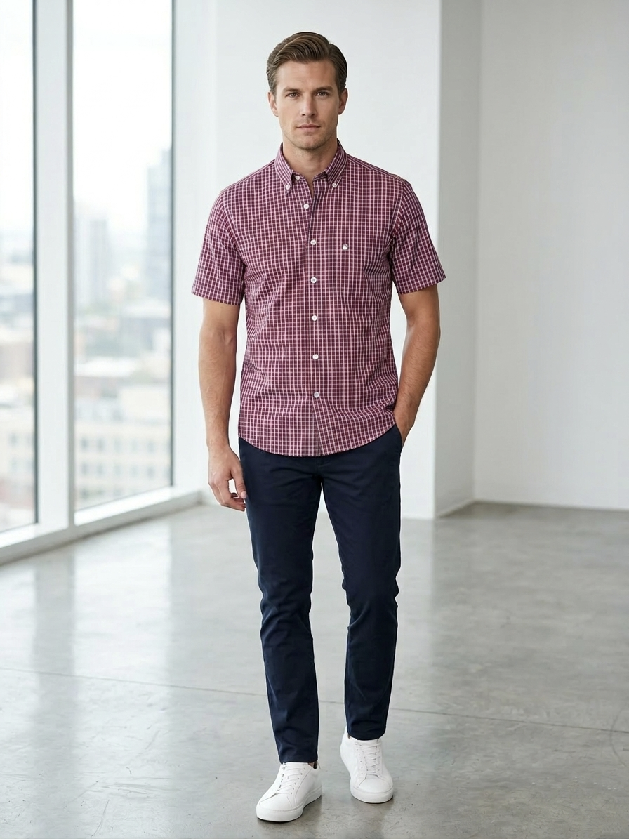 Camisa Manga corta a cuadros rojo bottom down