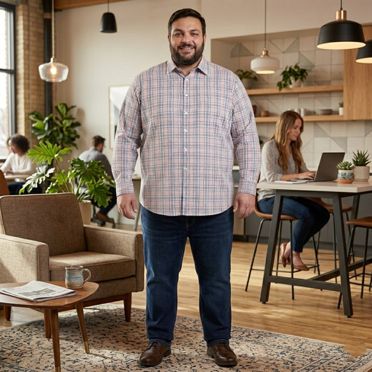 Camisa talla extra a cuadros chicos rosa y azul