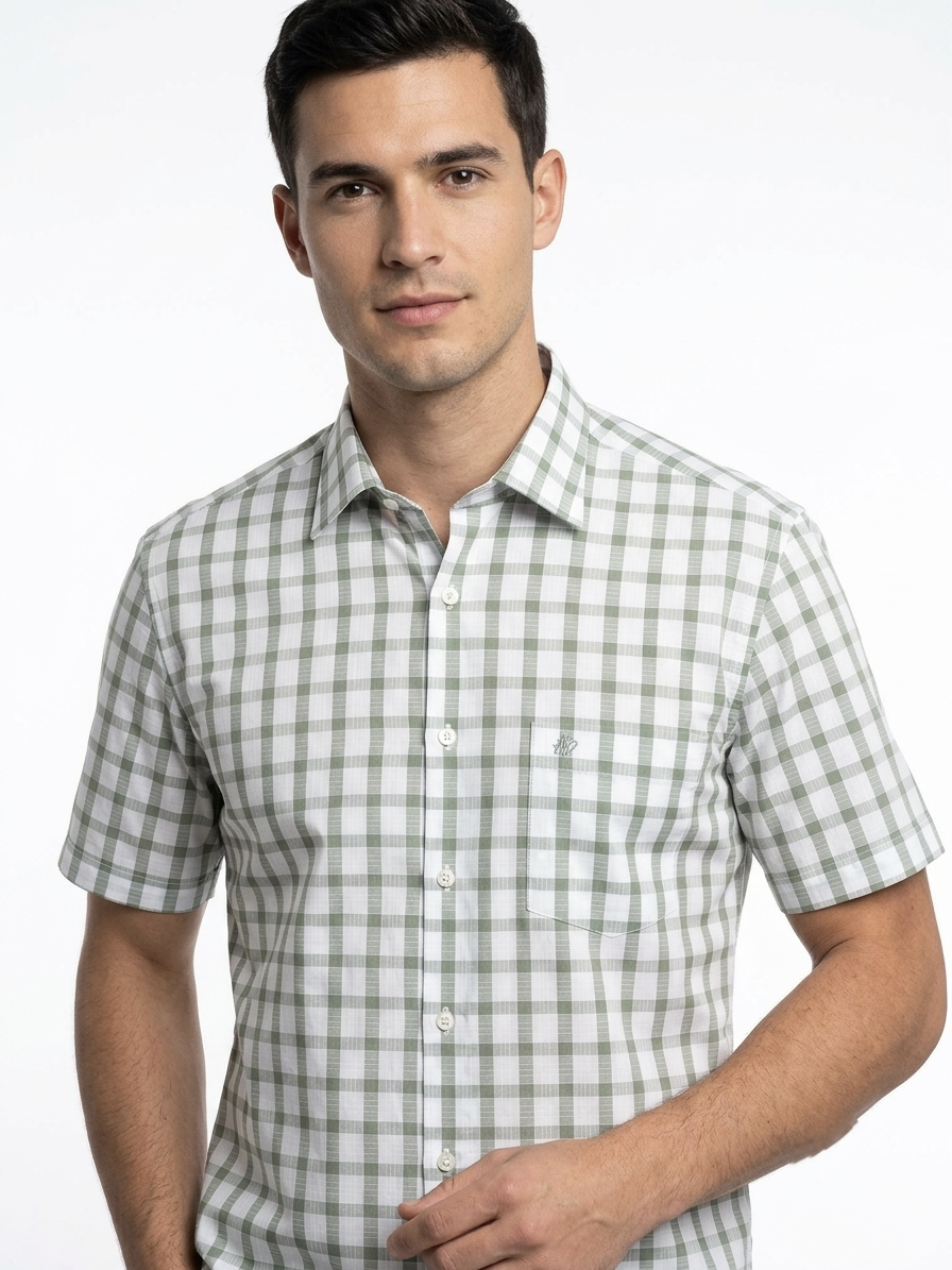 Camisa de Manga Corta Cuadros Verde Olivo Michel Blanc