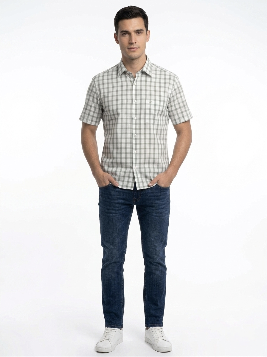 Camisa de Manga Corta Cuadros Verde Olivo Michel Blanc