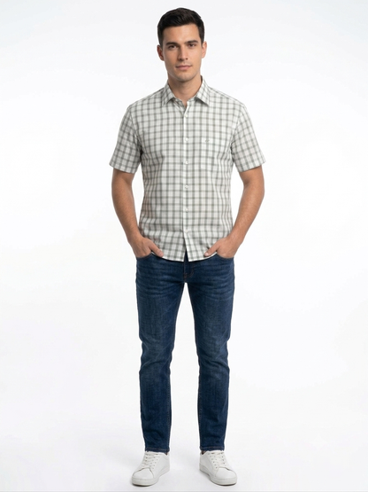 Camisa de Manga Corta Cuadros Verde Olivo Michel Blanc