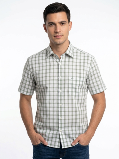 Camisa de Manga Corta Cuadros Verde Olivo Michel Blanc