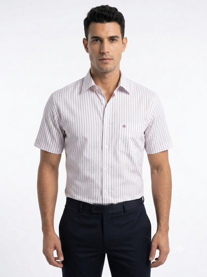 Camisa de Vestir Manga Corta a Rayas Vino–Corte Moderno