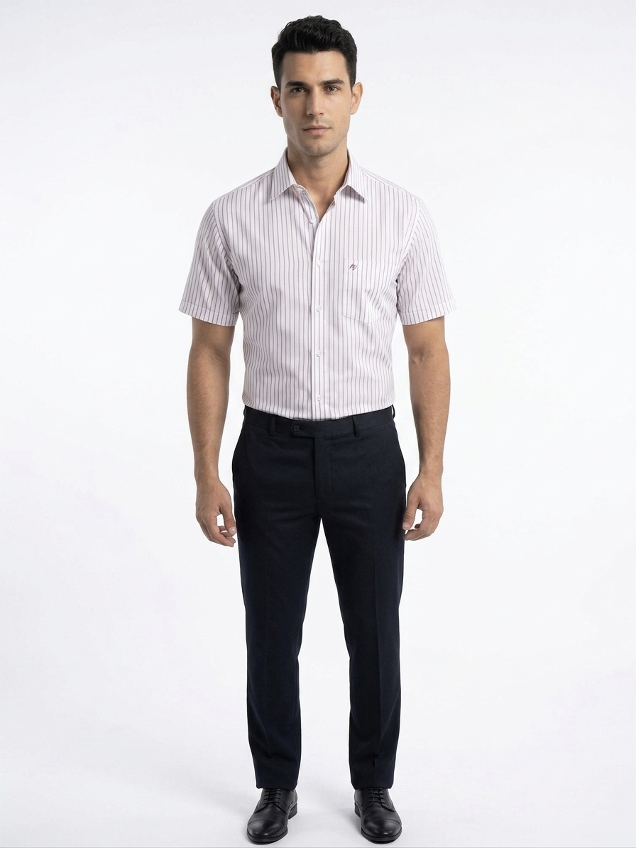 Camisa de Vestir Manga Corta a Rayas Vino–Corte Moderno