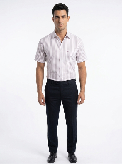 Camisa de Vestir Manga Corta a Rayas Vino–Corte Moderno