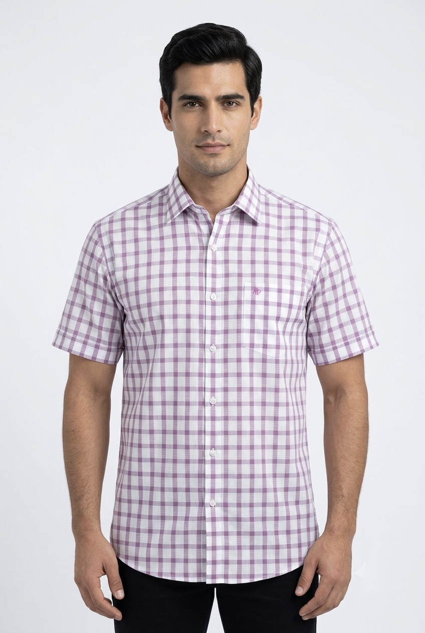 Camisa de Manga Corta Cuadros violeta Michel Blanc – Elegancia Casual para Caballero