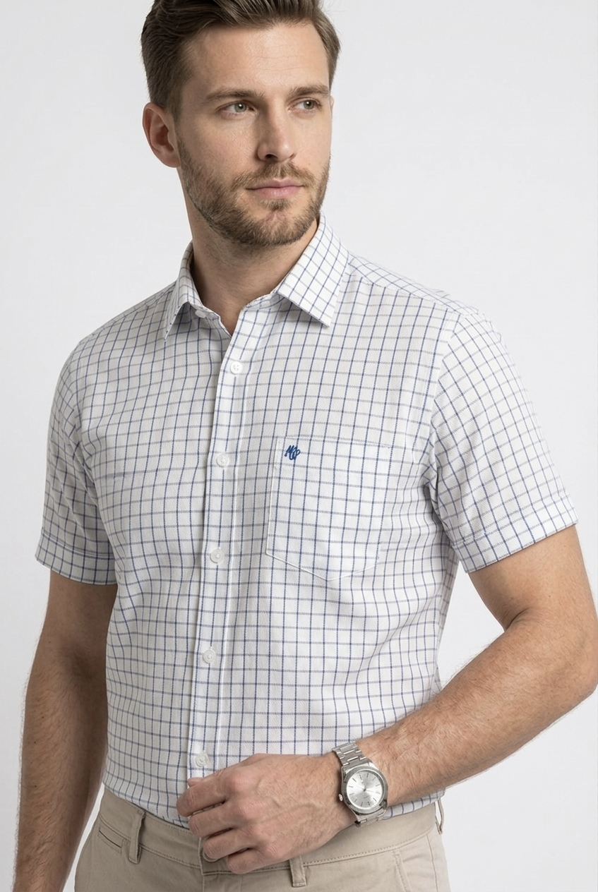 Camisa Casual de Manga Corta a Cuadros azul