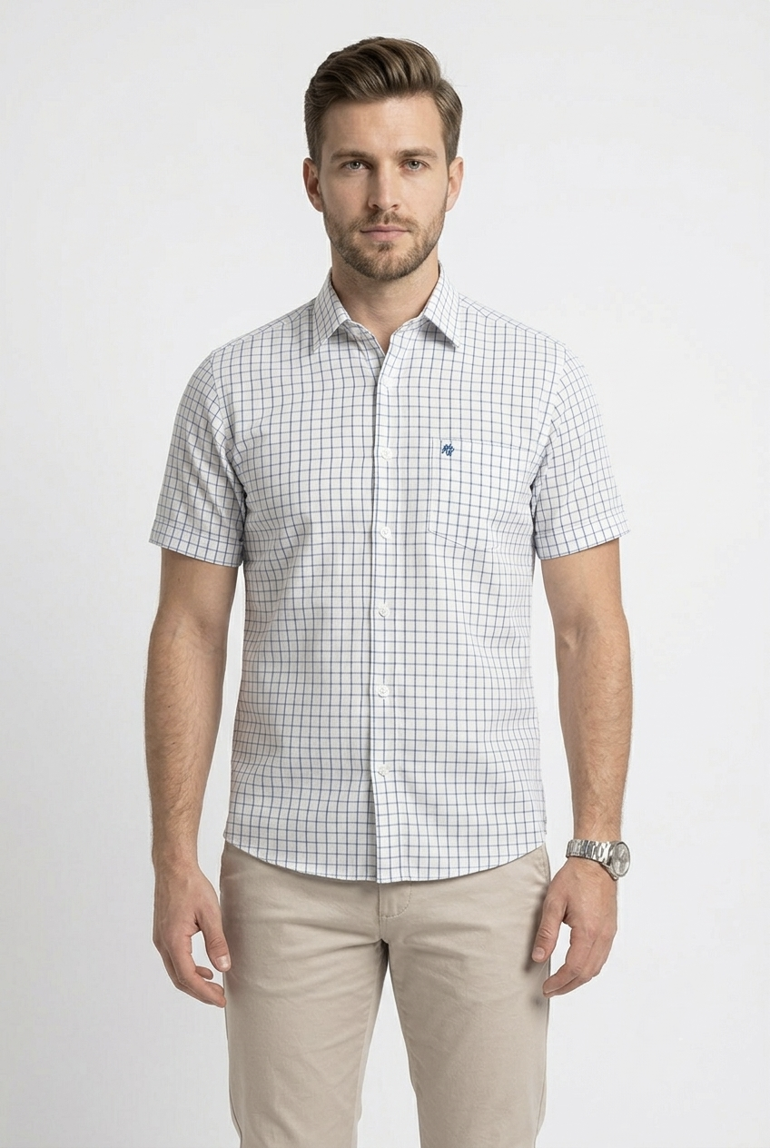 Camisa Casual de Manga Corta a Cuadros azul