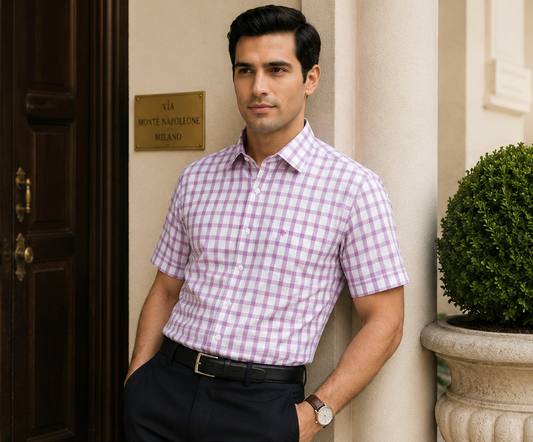 Camisa de Manga Corta Cuadros violeta Michel Blanc – Elegancia Casual para Caballero