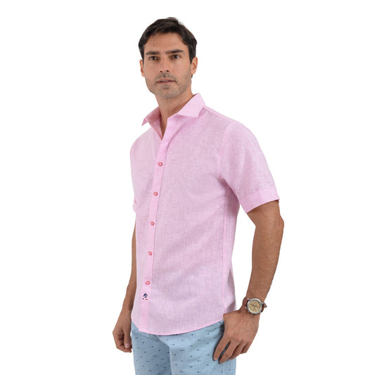 Camisa  De Lino Rosa Para Hombre Manga Corta