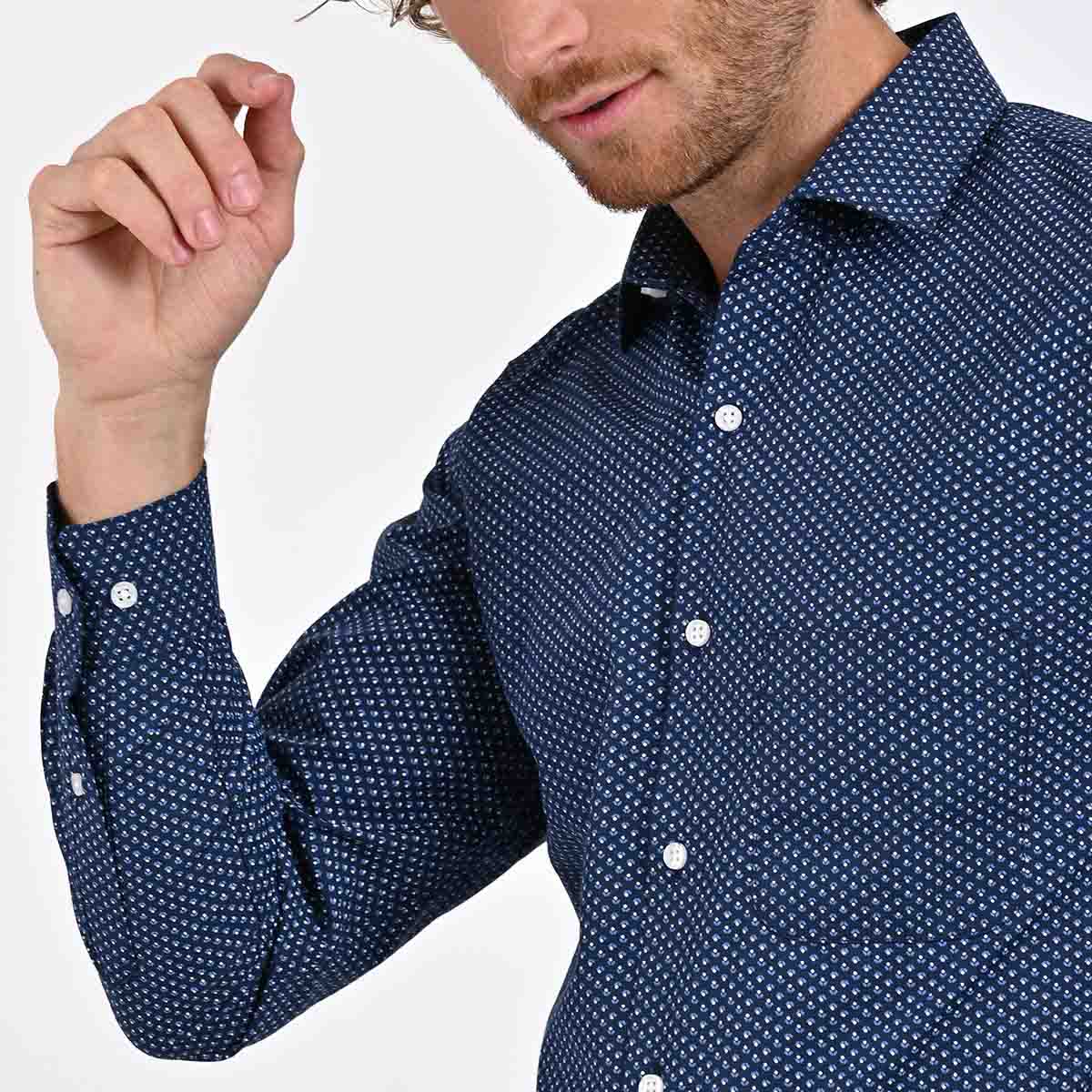 Camisa Estampada Floral De Manga Larga Azul Marino Para Hombre