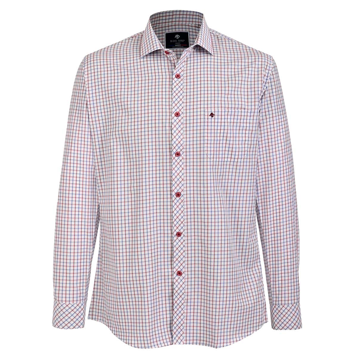 Camisa de vestir con patrón de cuadros y toque moderno en rojo