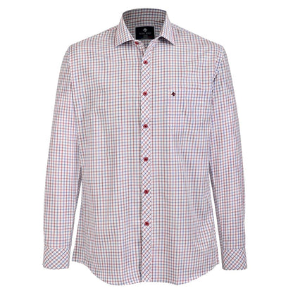 Camisa de vestir con patrón de cuadros y toque moderno en rojo