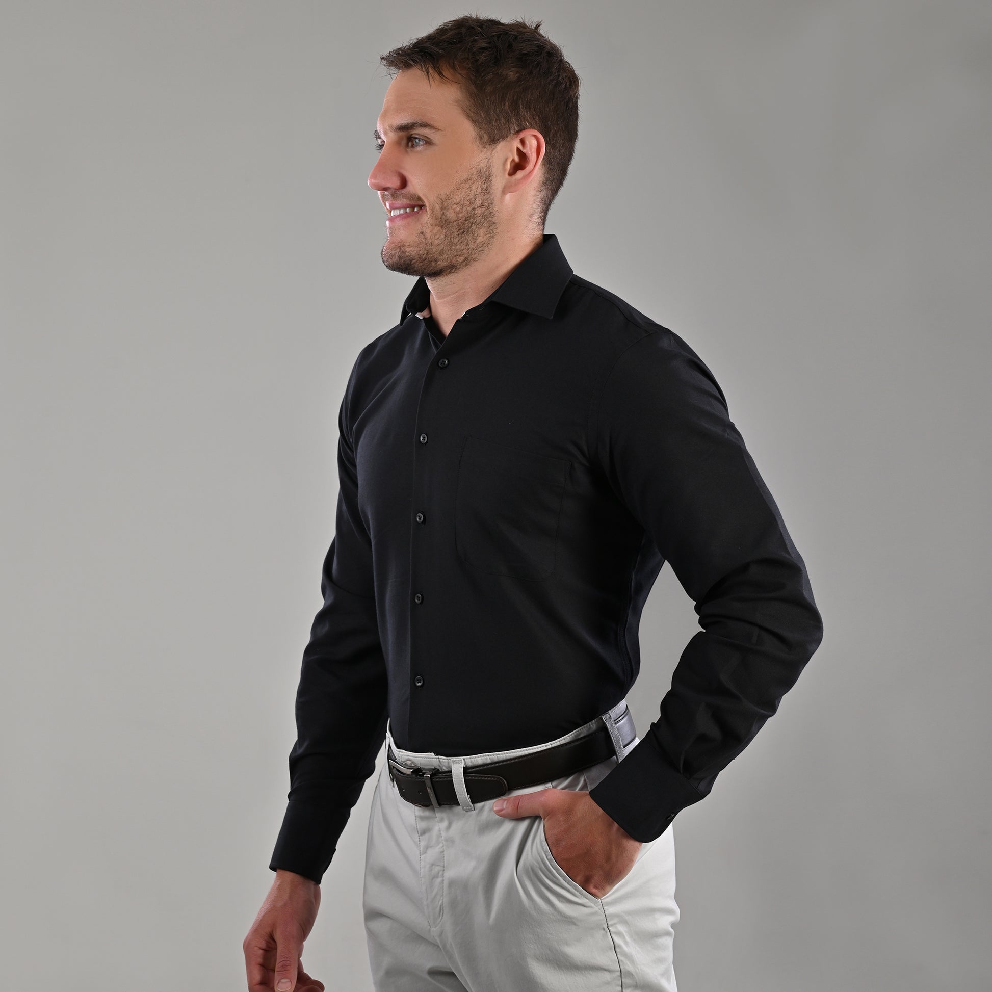 Cuello Camisa Sport Negra Camisa Casual Hombre Manga Larga