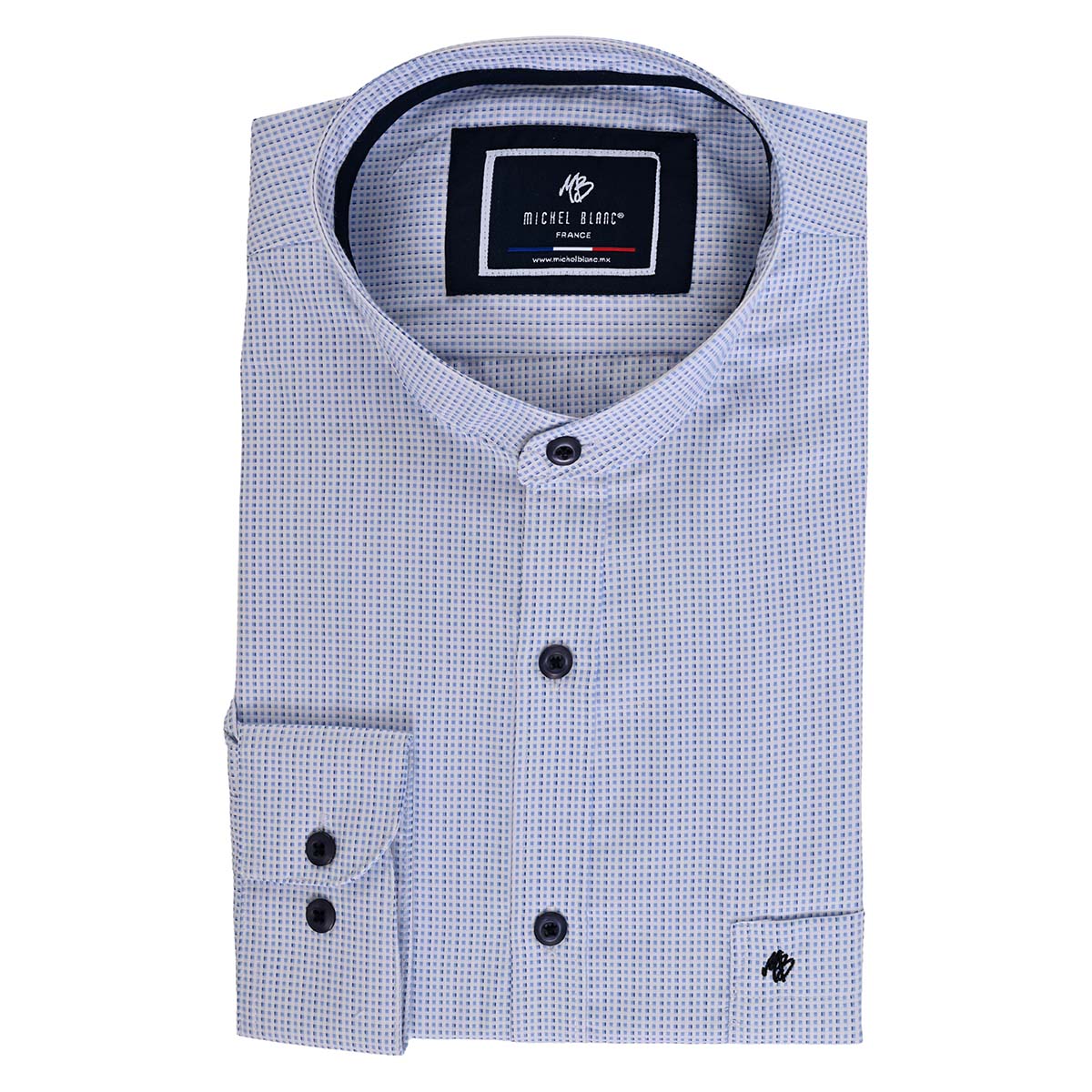 Elegancia Minimalista: Camisa de Cuello Mao en Azul Cielo Texturizado