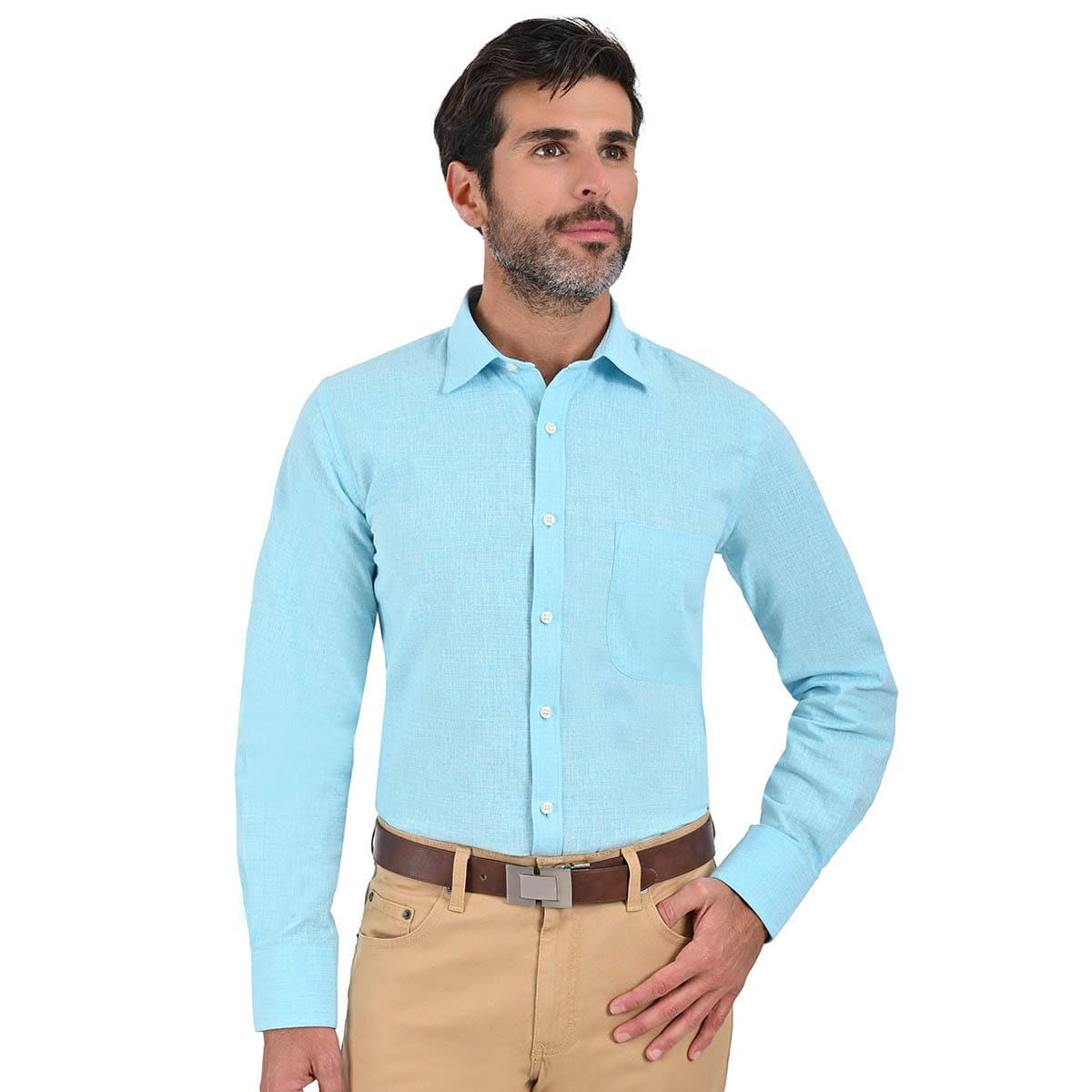 Camisa Casual Hombre Manga Larga Verde Agua