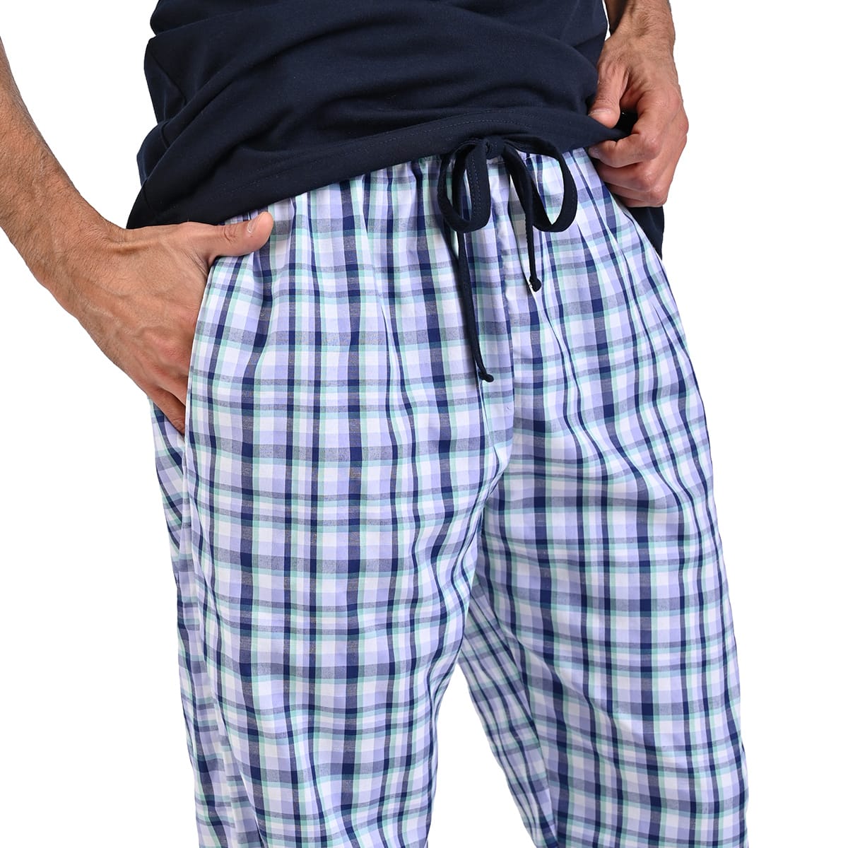 Pijama manga corta azul marino con pantalón a cuadro