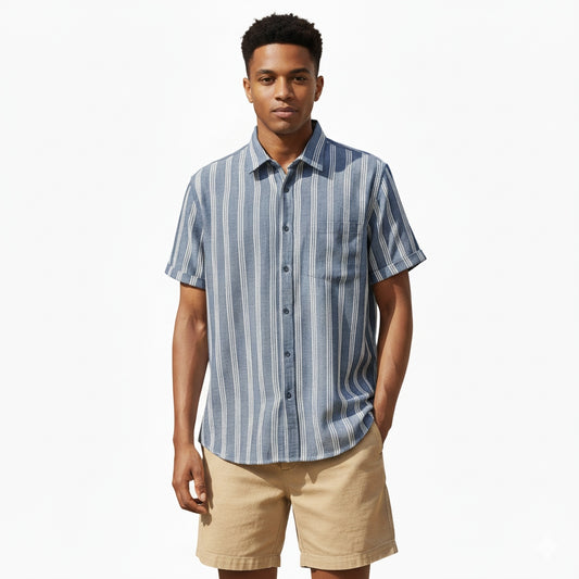 Camisa manga corta azul marino con rayas blancas