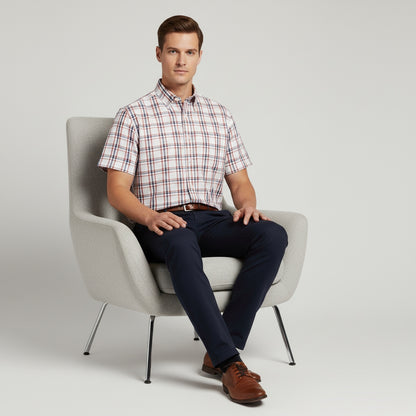 Camisa manga corta blanca con rayas rojas y azul