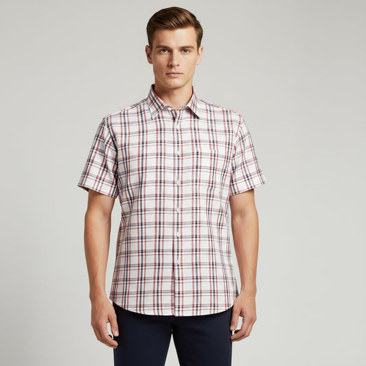 Camisa manga corta blanca con rayas rojas y azul