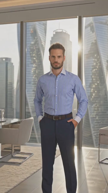 Camisa Michel Blanc Cuello y Puño blanco, azul con rayas