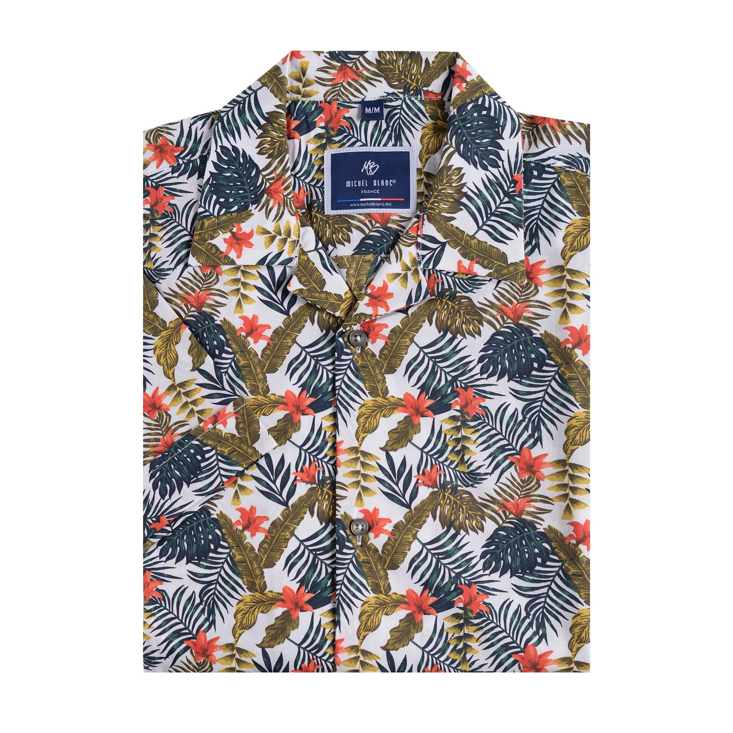 Camisa manga corta cuello con solapa estilo resort y estampado de hojas