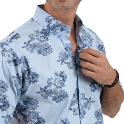 Camisa Azul Manga Corta Estampada Con Flores