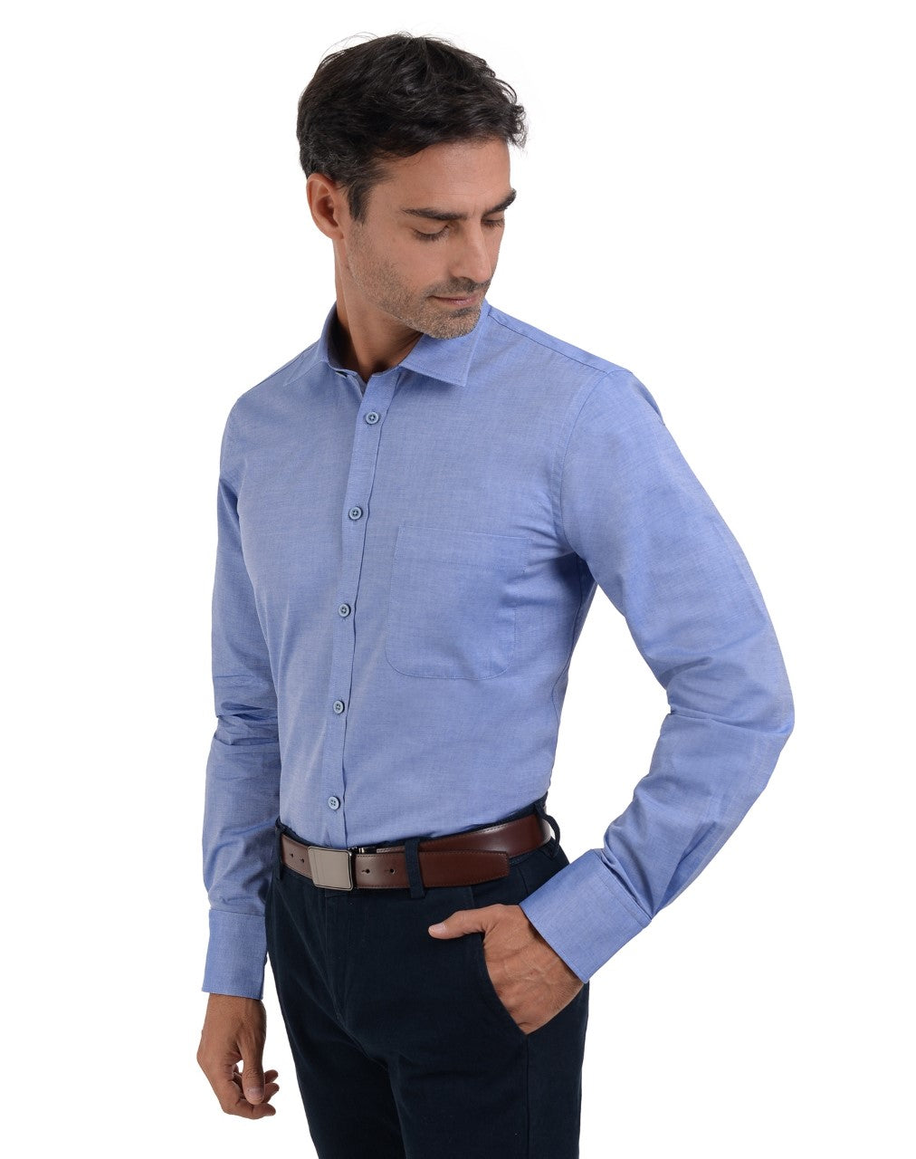 Camisa Casual Hombre Manga Larga En Azul